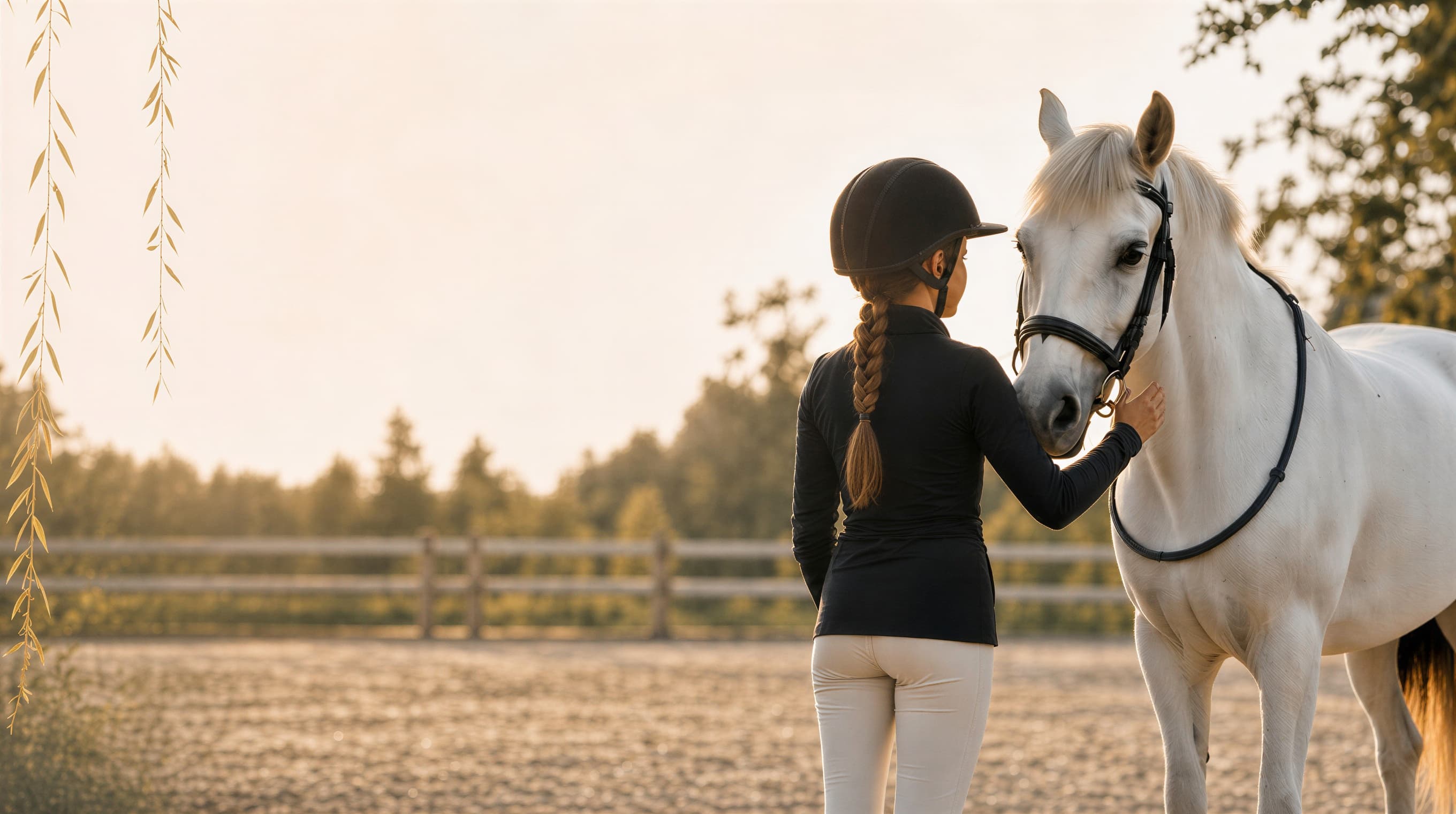 Une cavalière et son cheval blanc dans la carrière, au lever du jour